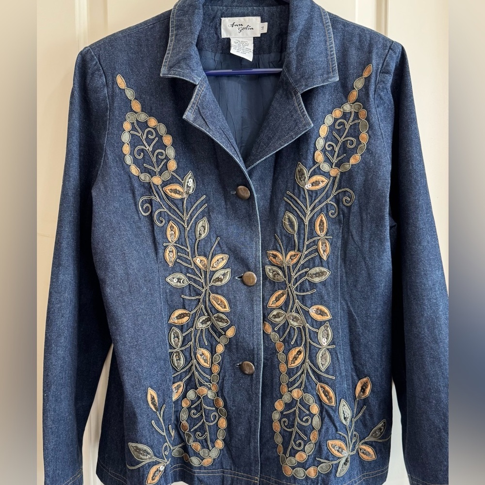 Ann Gerlin Embroidered Denim Jacket Boho Floral Sequin Size 14